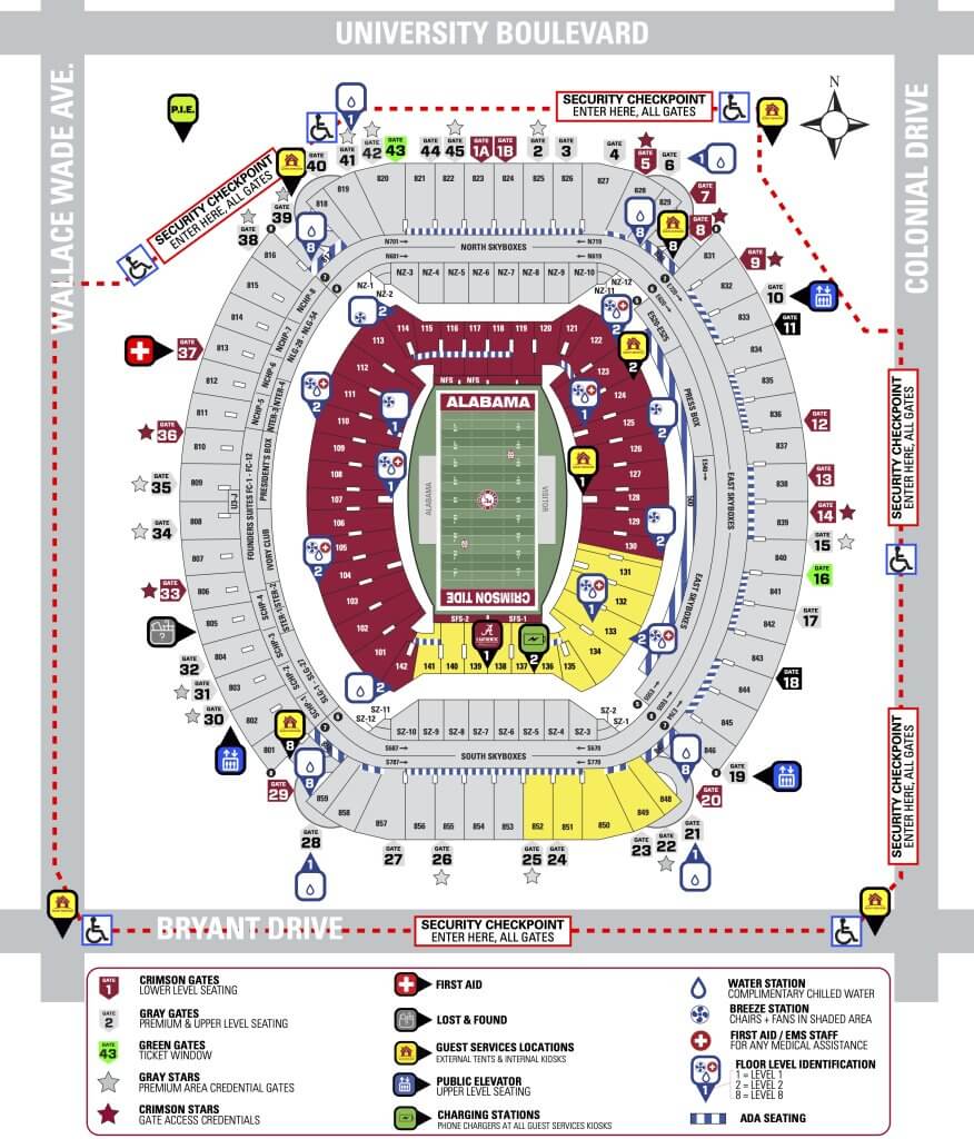 A detailed map of a stadium showing seating sections, gates, and facility locations in Tuscaloosa, Alabama.