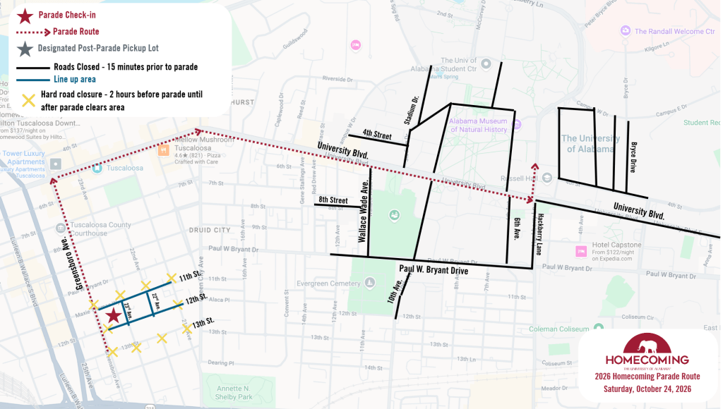 A map showing the 2026 University of Alabama homecoming parade route and road closures in Tuscaloosa, Alabama.
