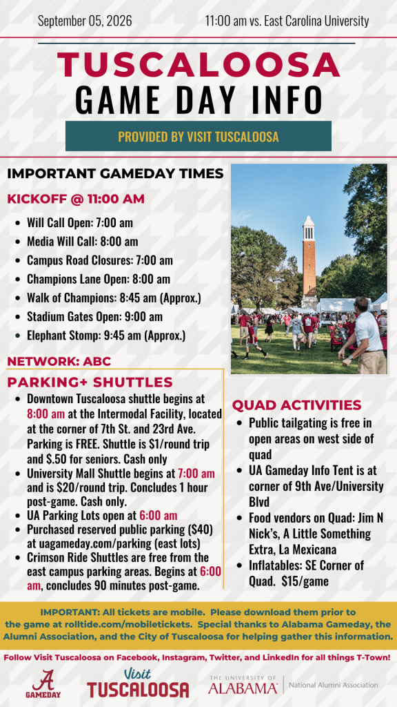 An informational flyer detailing game day logistics for a University of Alabama football game in Tuscaloosa, Alabama.