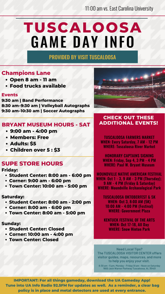 An informational flyer detailing game day events, museum hours, and local activities in Tuscaloosa in Tuscaloosa, Alabama.