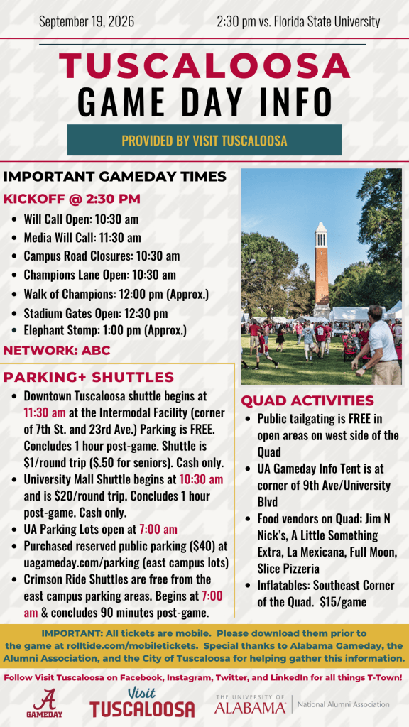 An informational flyer detailing game day logistics for a University of Alabama football game in Tuscaloosa, Alabama.