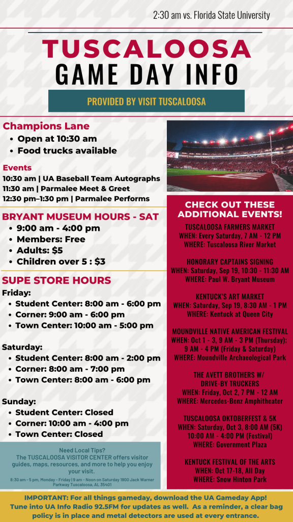 An informational flyer detailing game day events, hours, and local activities in Tuscaloosa in Tuscaloosa, Alabama.
