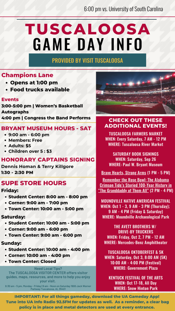 An informational flyer detailing game day events and hours in Tuscaloosa, Alabama in Tuscaloosa, Alabama.
