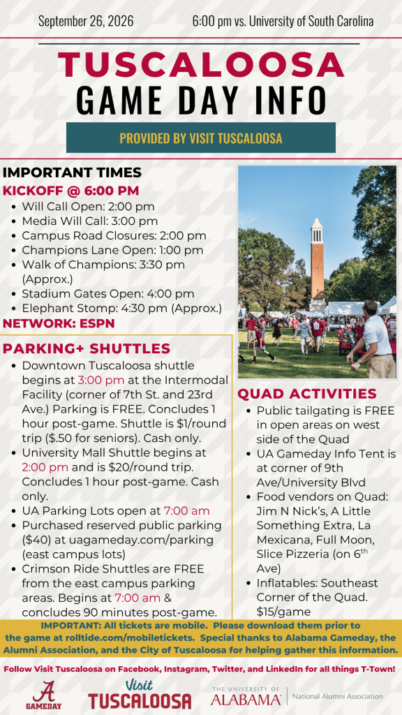 An informational flyer detailing game day logistics for a football game in Tuscaloosa in Tuscaloosa, Alabama.