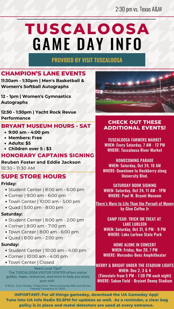 An informational flyer detailing game day events and store hours in Tuscaloosa in Tuscaloosa, Alabama.