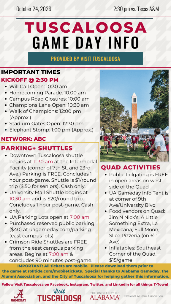 An informational flyer detailing game day logistics for a University of Alabama football game in Tuscaloosa, Alabama.