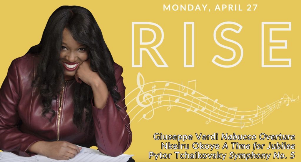 A smiling woman in a red leather jacket, surrounded by musical notes, announces a symphony event in Tuscaloosa, Alabama.
