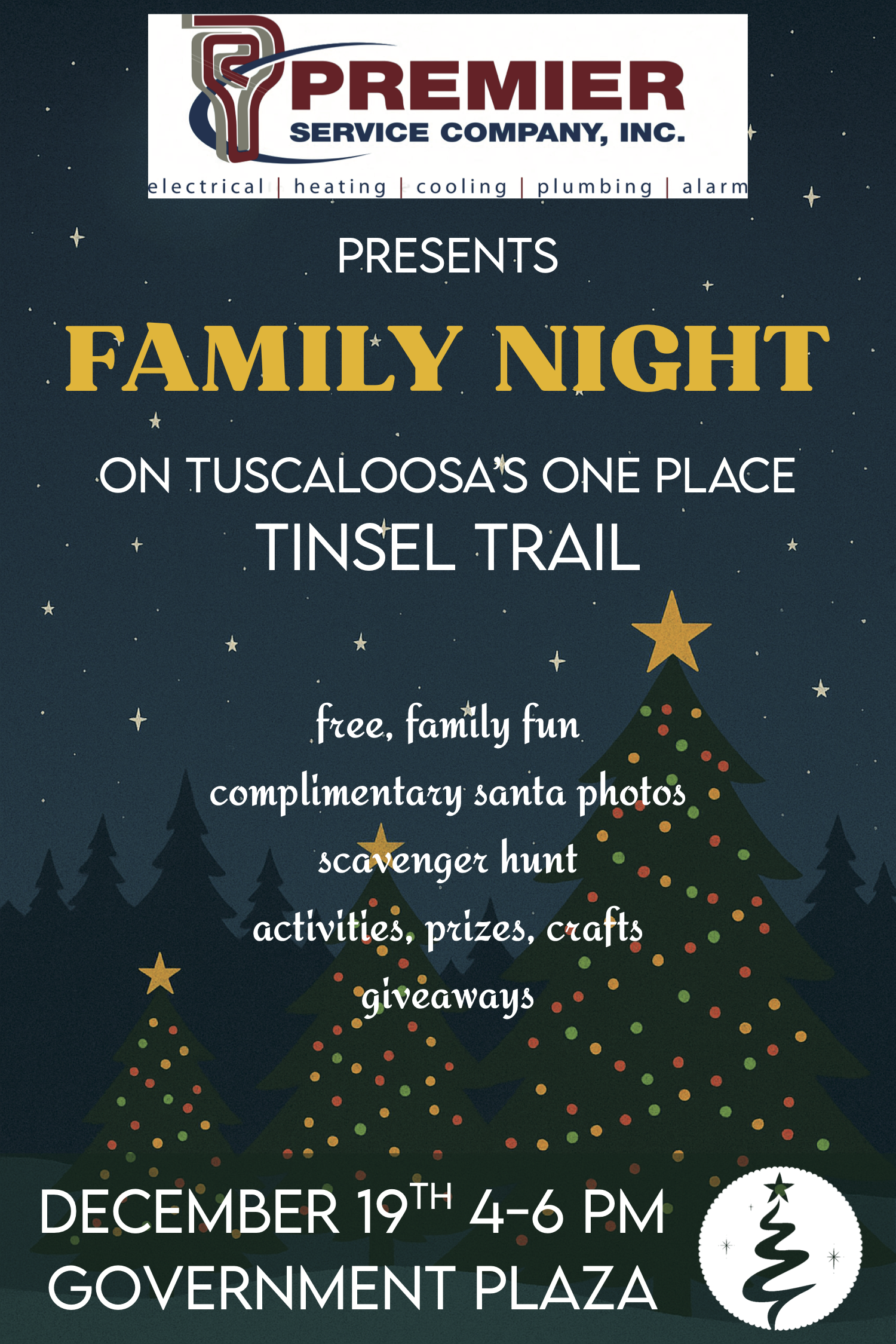 Premier Service Co. Family Night on Tuscaloosa’s One Place Tinsel Trail