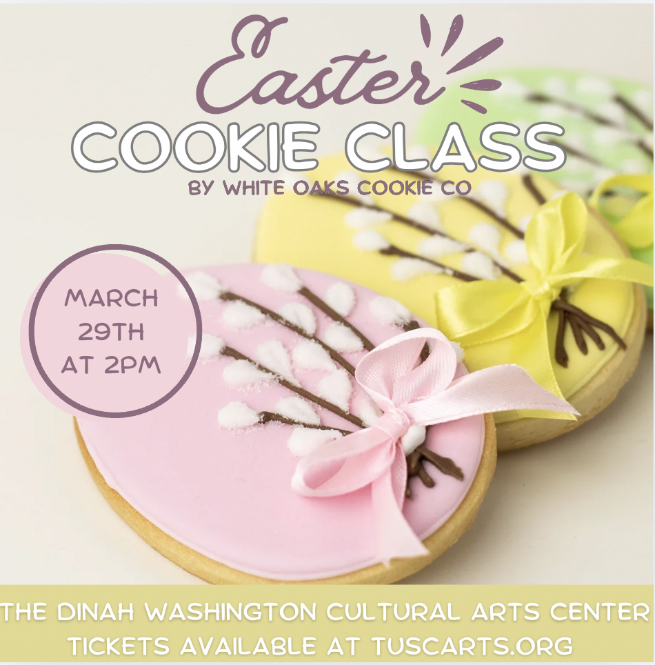 Colorful Easter-themed cookies with pastel icing and decorative bows, promoting a cookie decorating class