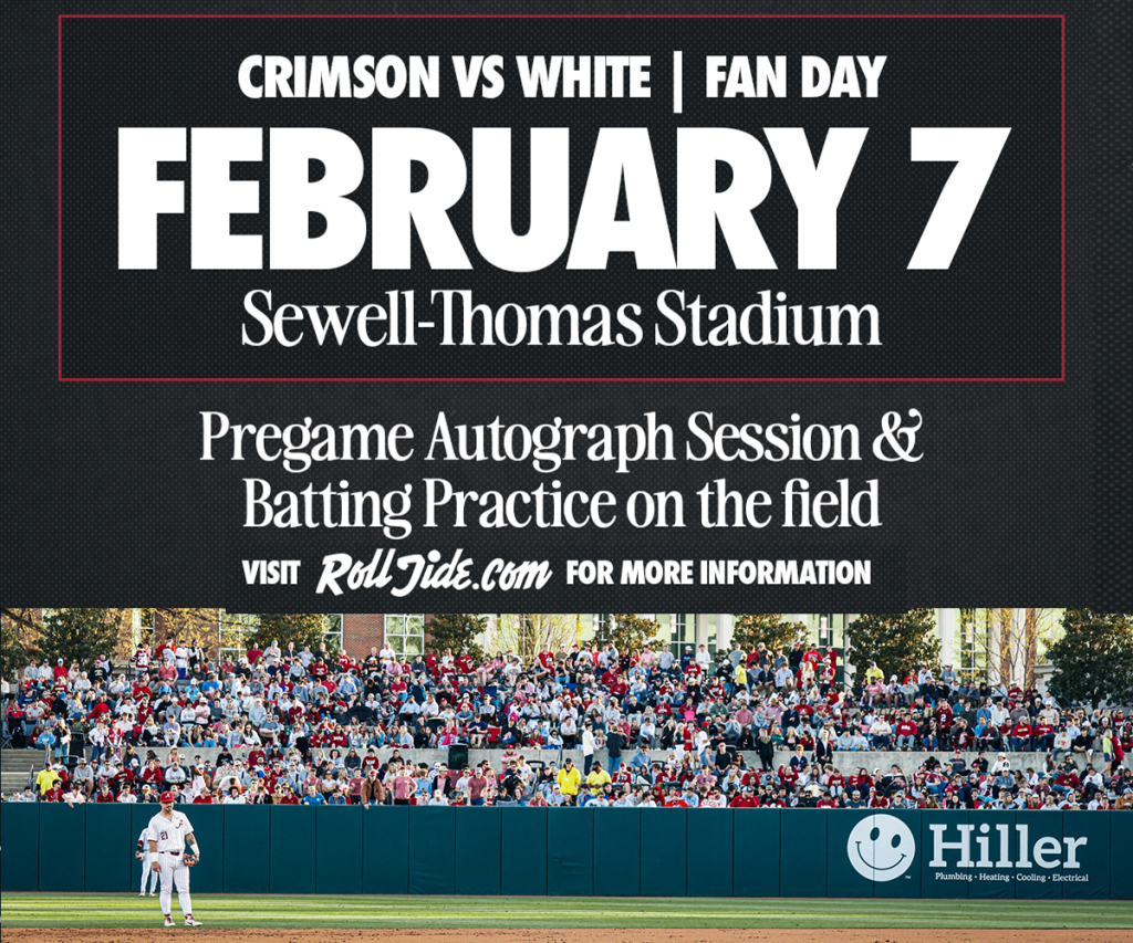A packed stadium for the Crimson vs White baseball game at Sewell-Thomas Stadium on February 7th, featuring a pregame autograph session and batting practice