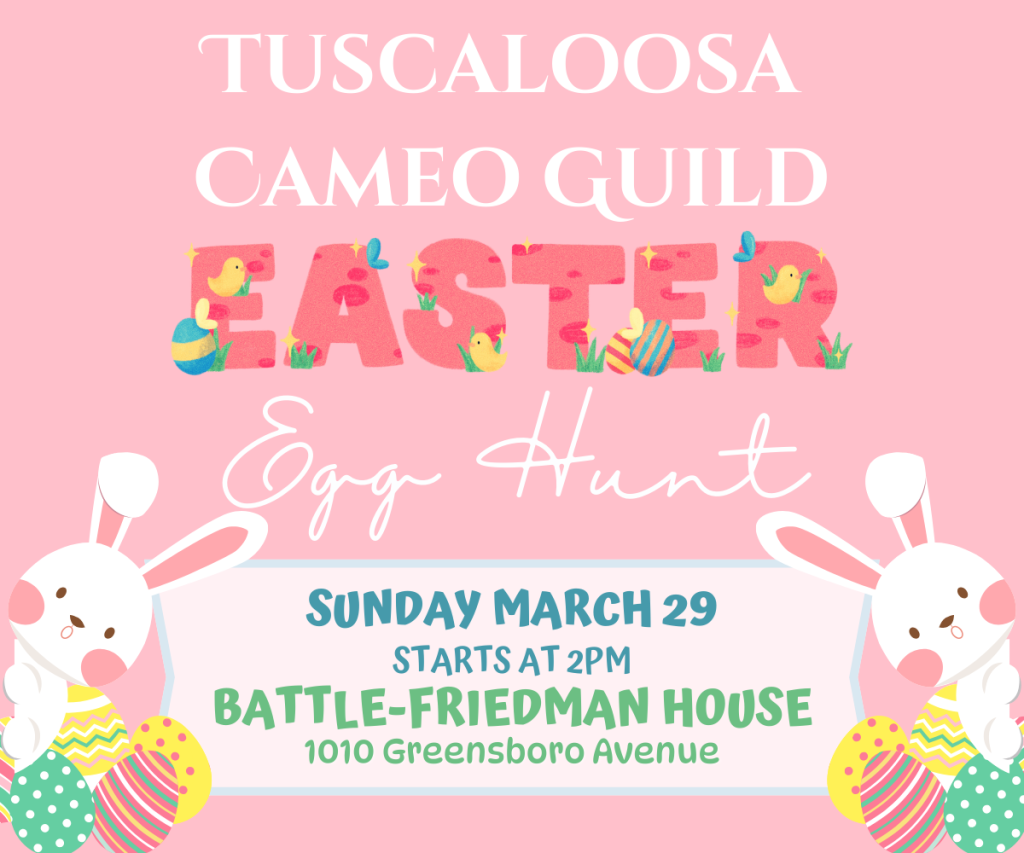 Two adorable white bunnies hold a colorful sign advertising an Easter Egg Hunt event in Tuscaloos, Alabama, on March 29th at 2 PM