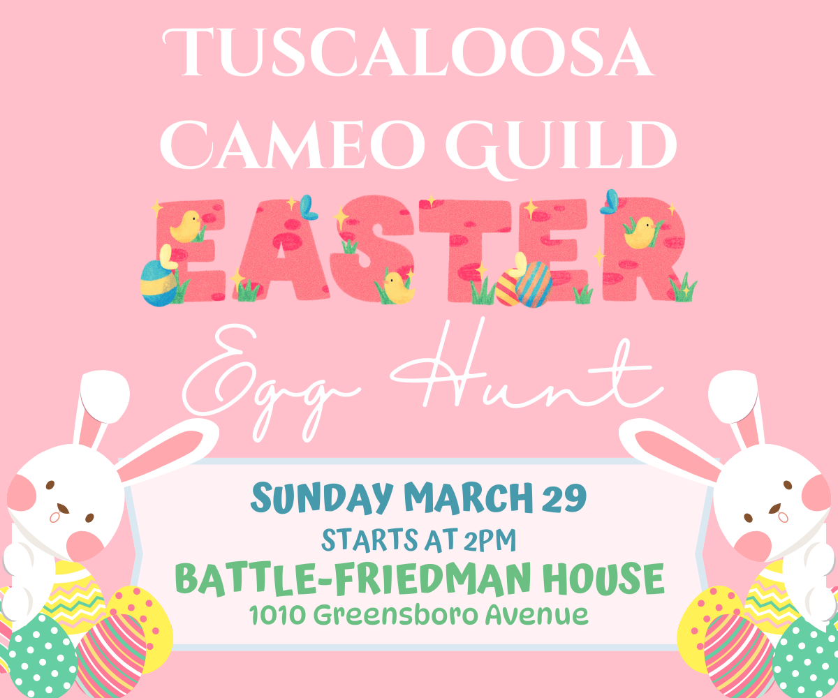 Two adorable white bunnies hold a colorful sign advertising an Easter Egg Hunt event in Tuscaloos, Alabama, on March 29th at 2 PM