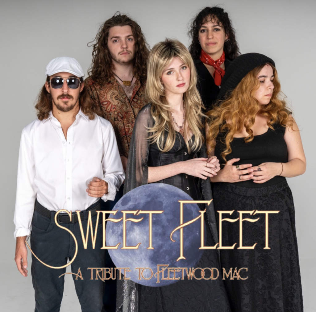A group of five musicians dressed in eclectic, bohemian-inspired outfits stand together against a white backdrop, with a large moon graphic behind them. The band, named Sweet Fleet, is described as a tribute to Fleetwood Mac
