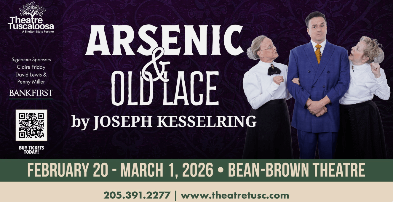 A theatrical poster for 'Arsenic & Old Lace' at the Bean-Brown Theatre, featuring three actors in period costumes and a dark, ornate background