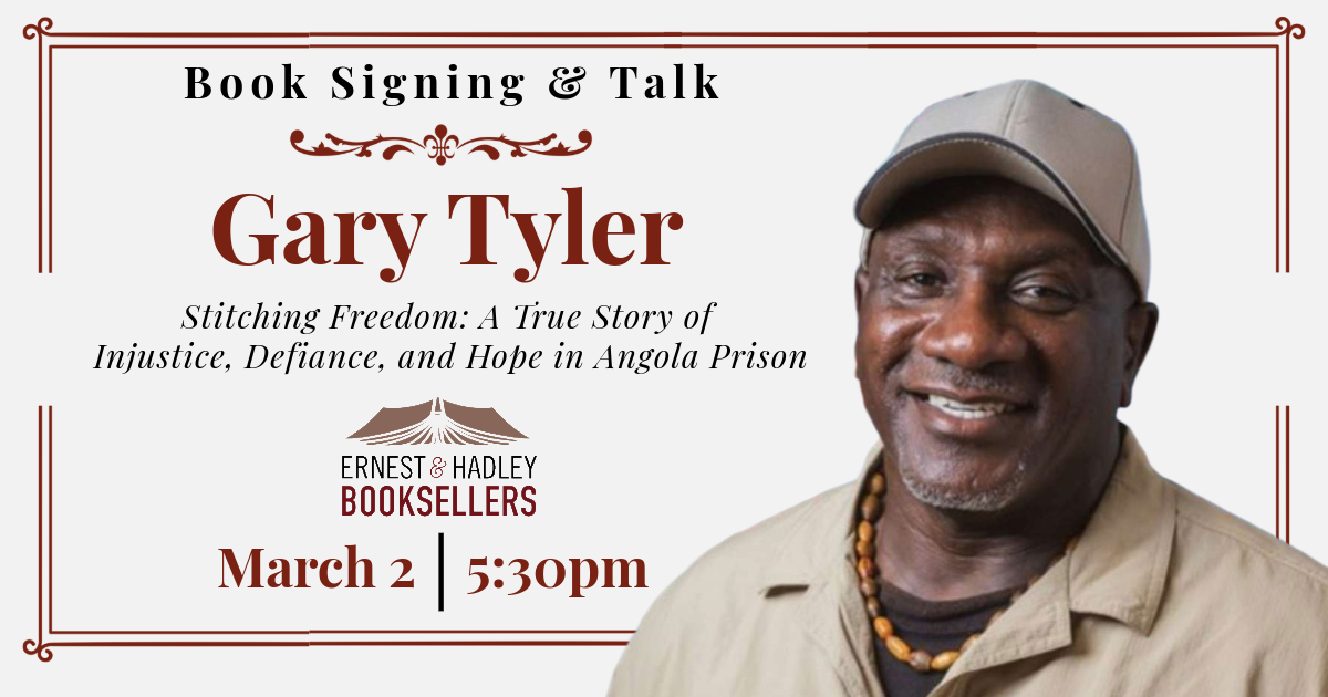 Gary Tyler, author of 'Stitching Freedom', smiles warmly while wearing a beige cap and shirt, with a beaded necklace, for a book signing and talk event
