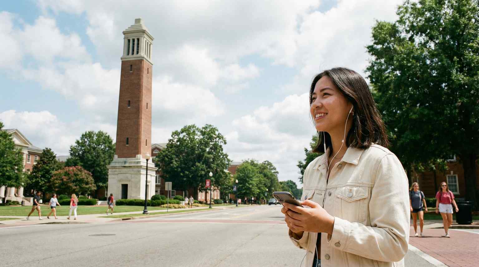 A young woman smiles while listening to music and texting on her phone in front of a tall brick bell tower on a sunny college campus