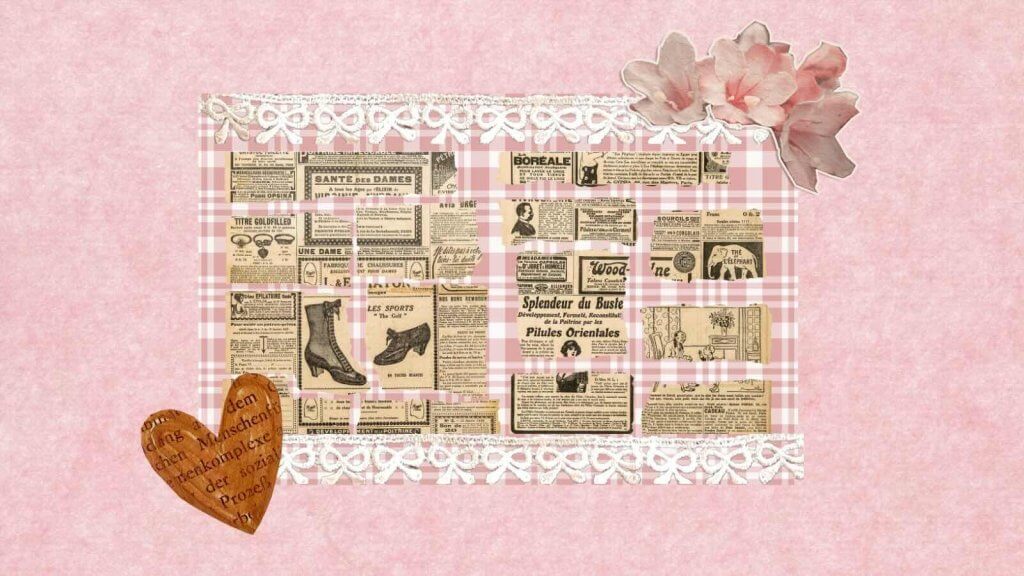 A vintage-style collage featuring a pink background with a heart-shaped cutout, adorned with lace trim, flowers, and a collection of antique newspaper clippings