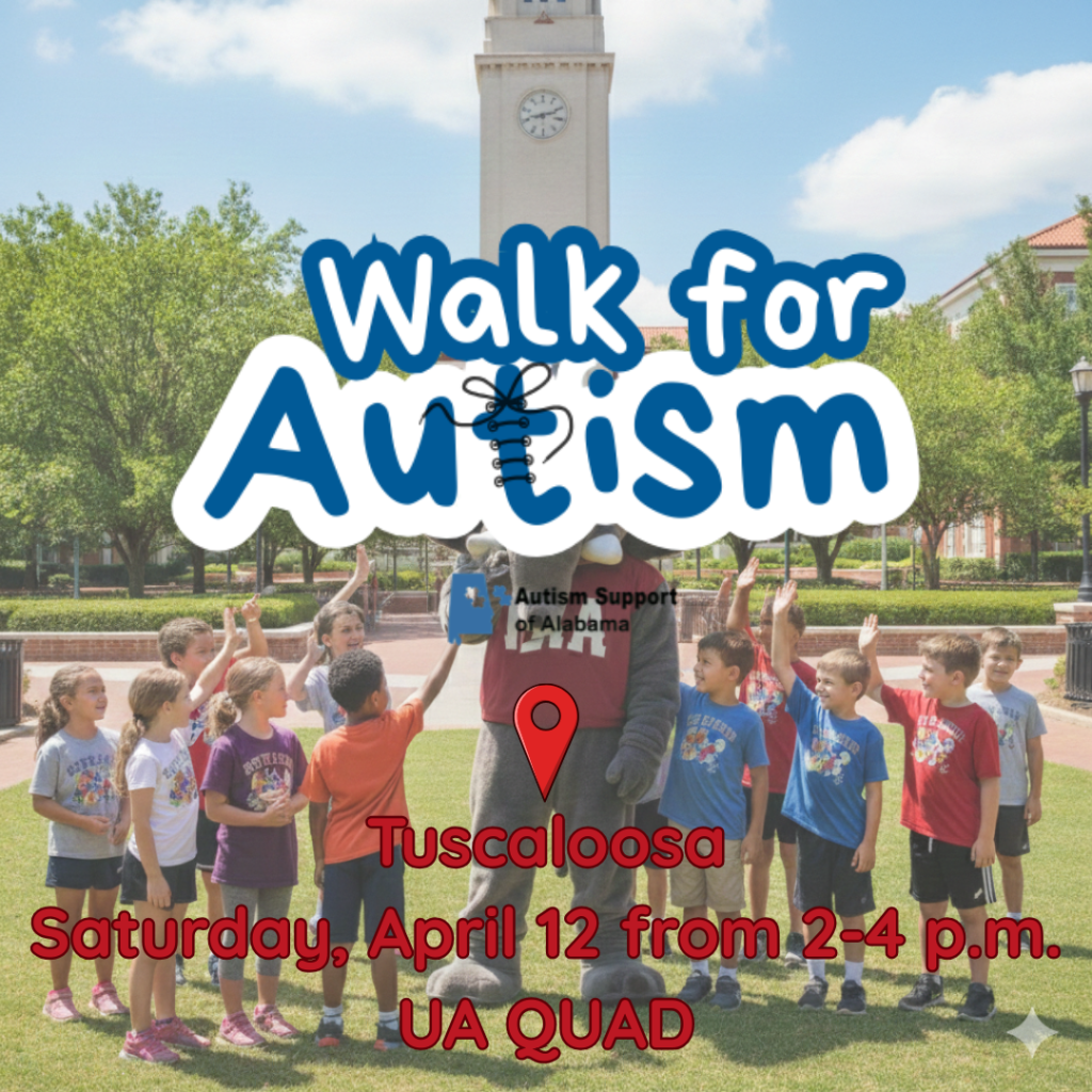 Children gather around a mascot for an autism awareness event, smiling and raising their hands in Tuscaloosa, Alabama.
