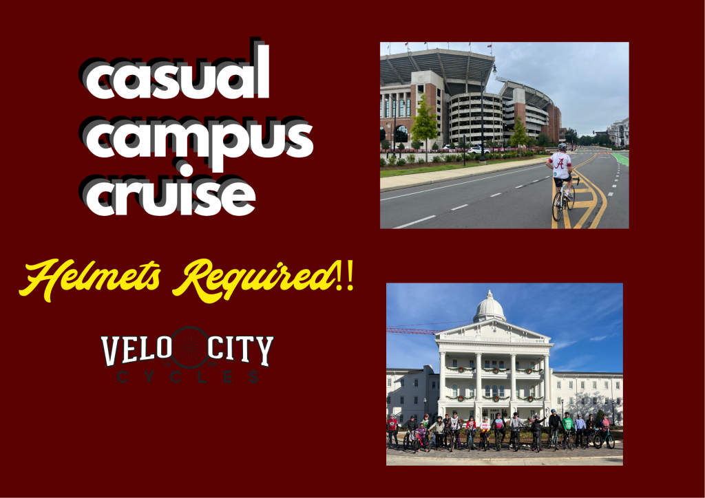Casual campus cruise with helmets required, featuring a cyclist and a group of people near a historic building in Tuscaloosa, Alabama.