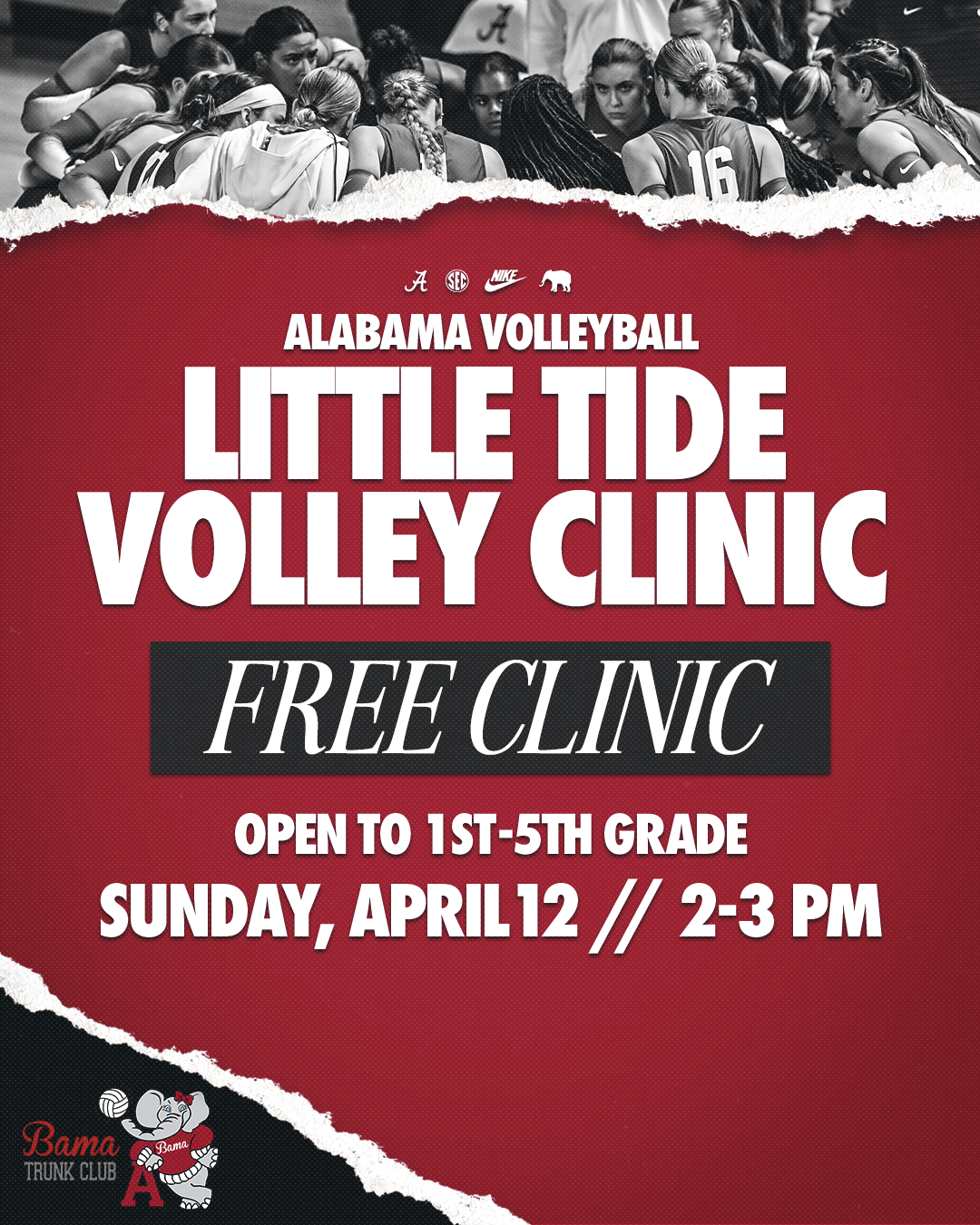 Alabama volleyball promotes Little Tide Volleyball Clinic with free clinic for 1st-5th graders in Tuscaloosa, Alabama.