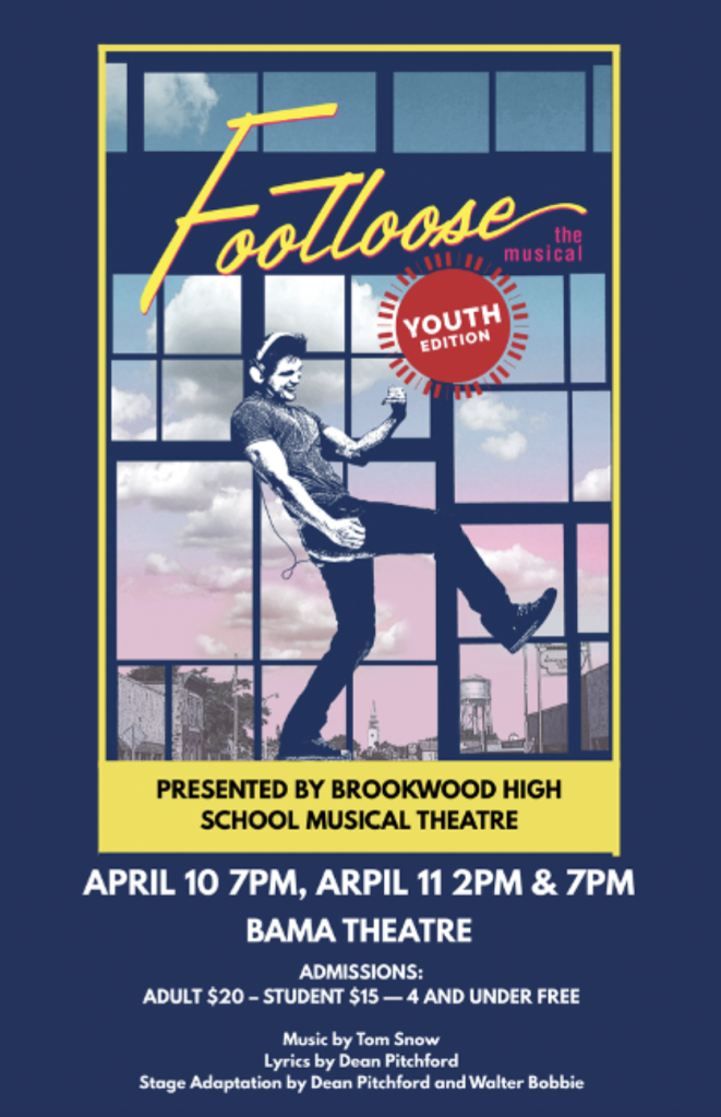Footloose musical poster featuring a man dancing in a window with cityscape and clouds in Tuscaloosa, Alabama.