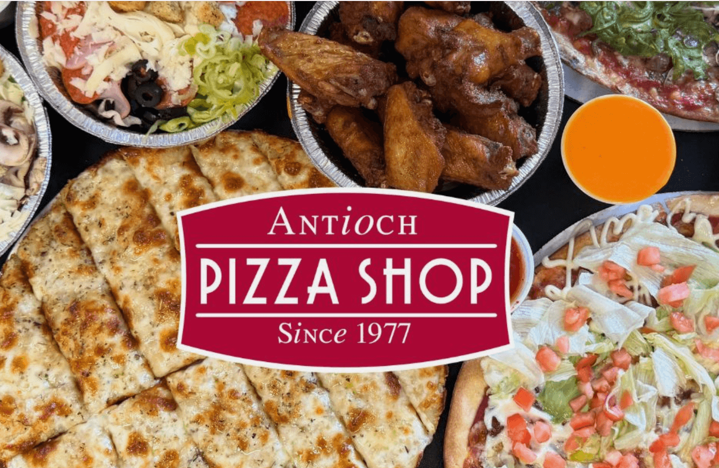 A variety of Italian dishes including pizza, chicken wings, and garlic bread, served at a restaurant named Antioch Pizza Shop