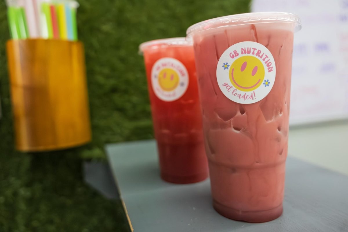 Two colorful loaded herbal life teas in Glory Bound Nutrition shop, located off the strip in Tuscaloosa, Alabama