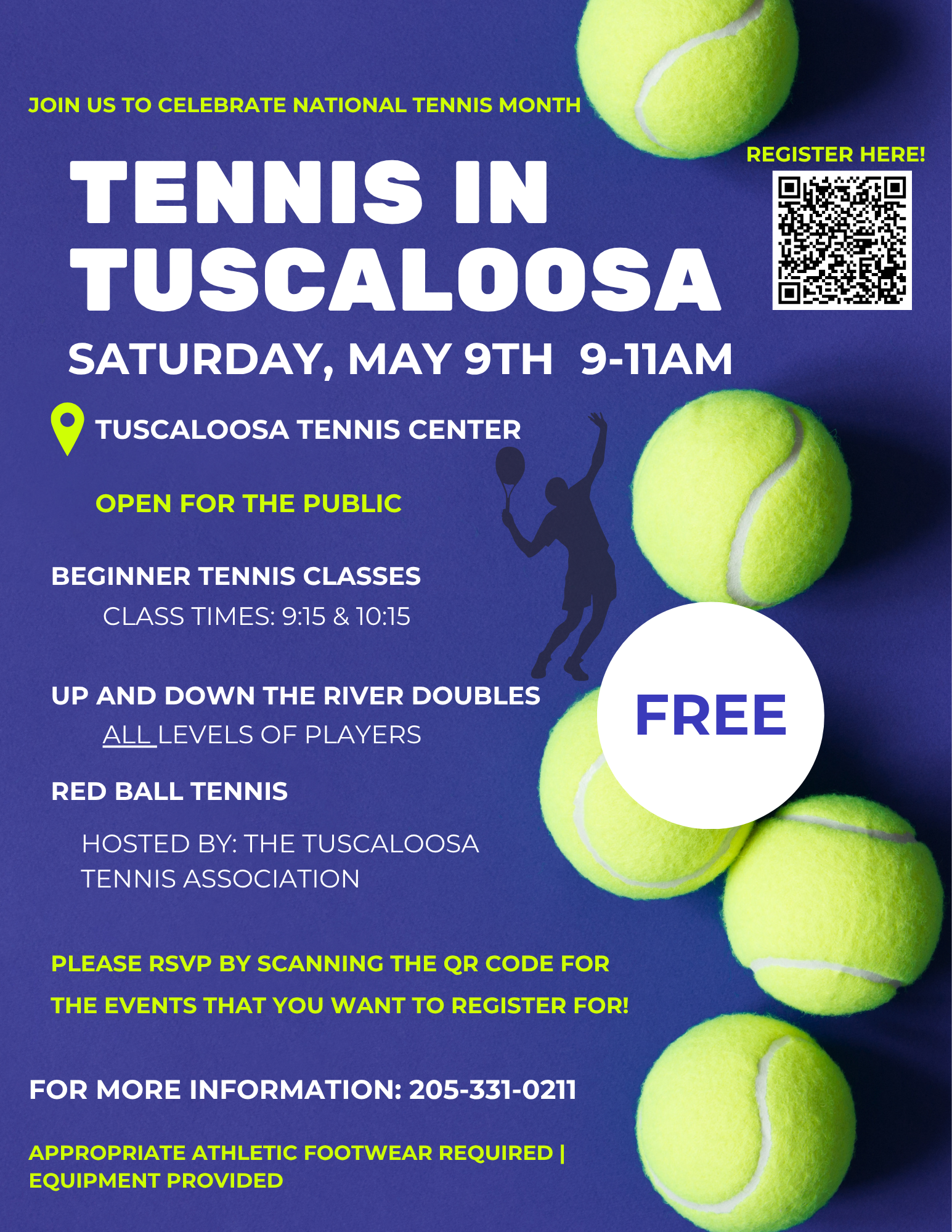 A promotional poster for a free tennis event in Tuscaloosa, featuring beginner classes and doubles matches for all skill levels in Tuscaloosa, Alabama.
