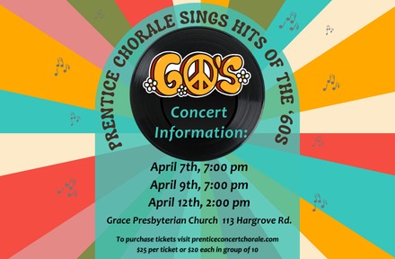 A vibrant poster promoting a choir concert celebrating the '60s and '70s music in Tuscaloosa, Alabama.