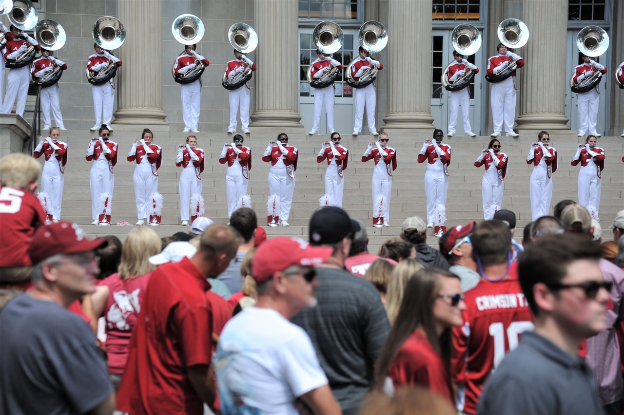 Million Dollar Band performs the Elephant Stomp on the Quad during a gameday outdoors long weekend in Tuscaloosa, Alabama.
