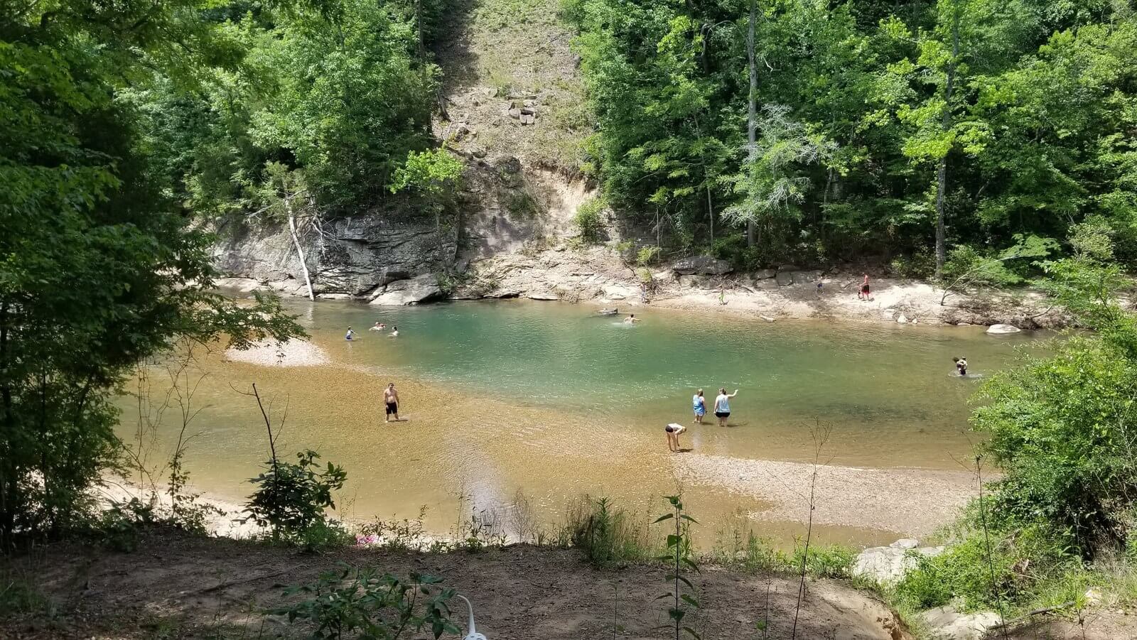 Visitors wading and swimming in Hurricane Creek surrounded by trees and sandstone cliffs in Tuscaloosa, AL