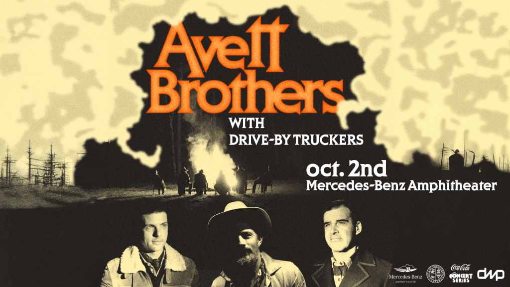 A vintage-style poster featuring three men in cowboy hats with a backdrop of a campfire and trees, advertising a concert by the Avett Brothers with Drive-By Truckers on October 2nd at the Mercedes-Benz Amphitheater in Tuscaloosa, Alabama.
