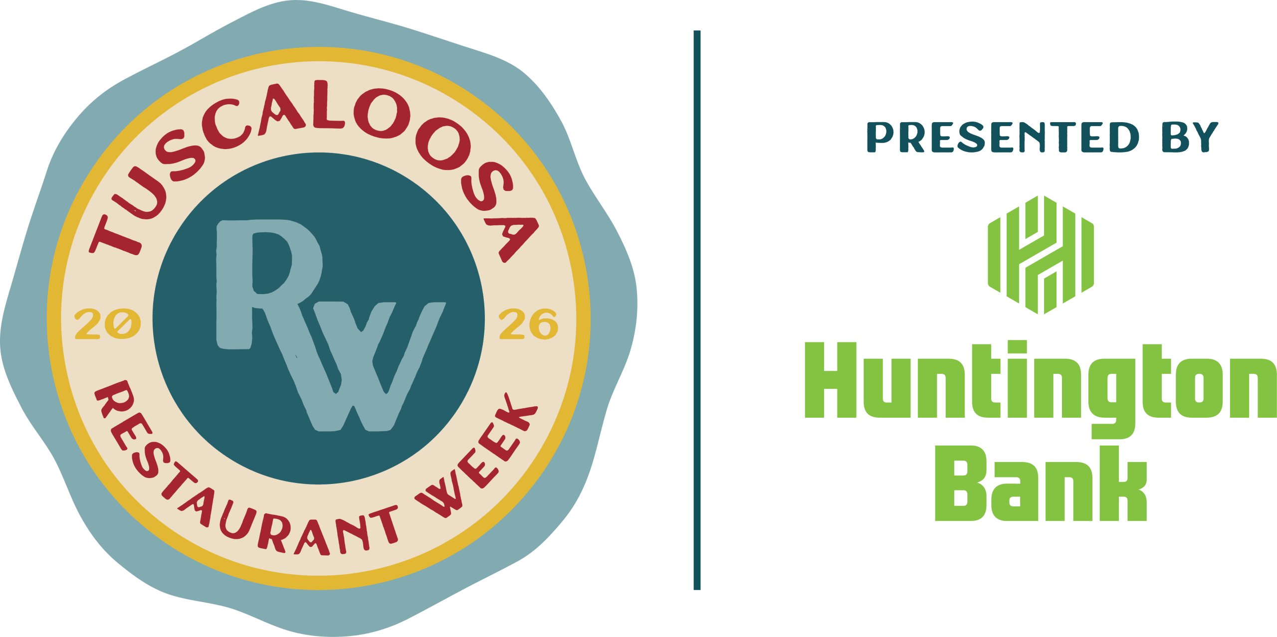 A vibrant logo for Tuscaloosa Restaurant Week 2026, presented by Huntington Bank, featuring a stylized 'RW' in the center in Tuscaloosa, Alabama.