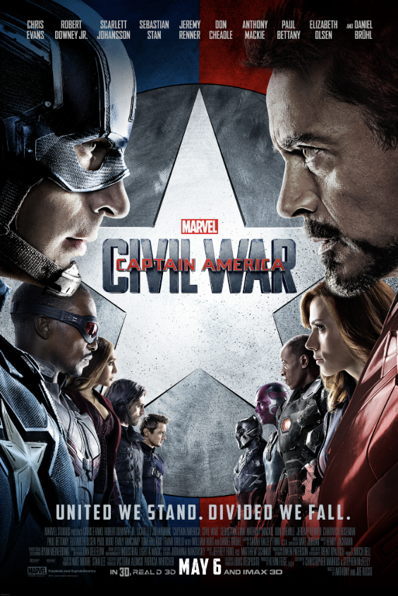 Captain America and Iron Man face off in a dramatic standoff, surrounded by their divided allies, in this intense movie poster for 'Captain America: Civil War' in Tuscaloosa, Alabama.