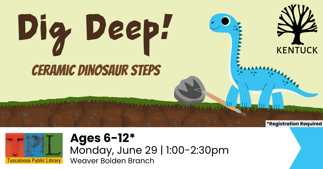 A blue cartoon dinosaur digging for ceramic dinosaur steps at a library event in Tuscaloosa, Alabama.