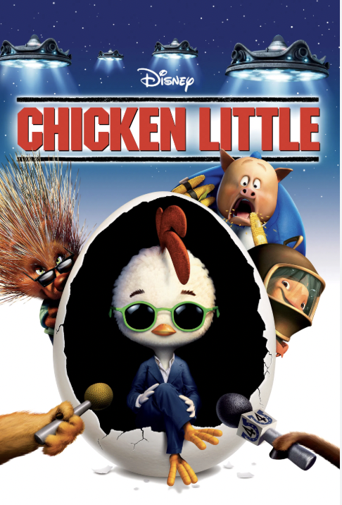 A group of animated farm animals, including a chicken in sunglasses, emerge from a giant cracked egg, surrounded by UFOs and reporters in Tuscaloosa, Alabama.