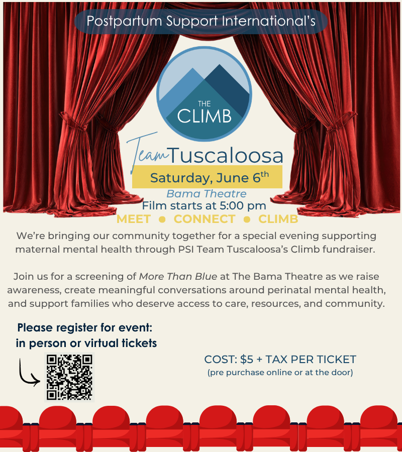 A vibrant poster advertising a fundraising event for postpartum mental health support, featuring red curtains, a mountain logo, and details about the event in Tuscaloosa, Alabama.