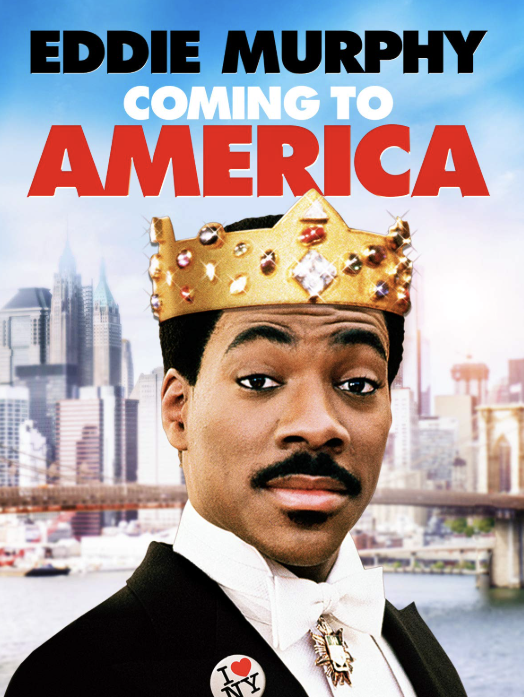 Eddie Murphy wearing a crown and tuxedo, standing in front of a New York City skyline in Tuscaloosa, Alabama.
