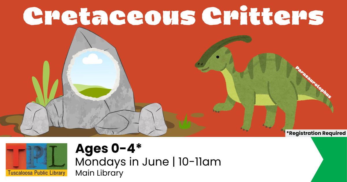 A green dinosaur with a distinctive crest on its head stands next to a large rock with a window-like opening showing a serene landscape in Tuscaloosa, Alabama.