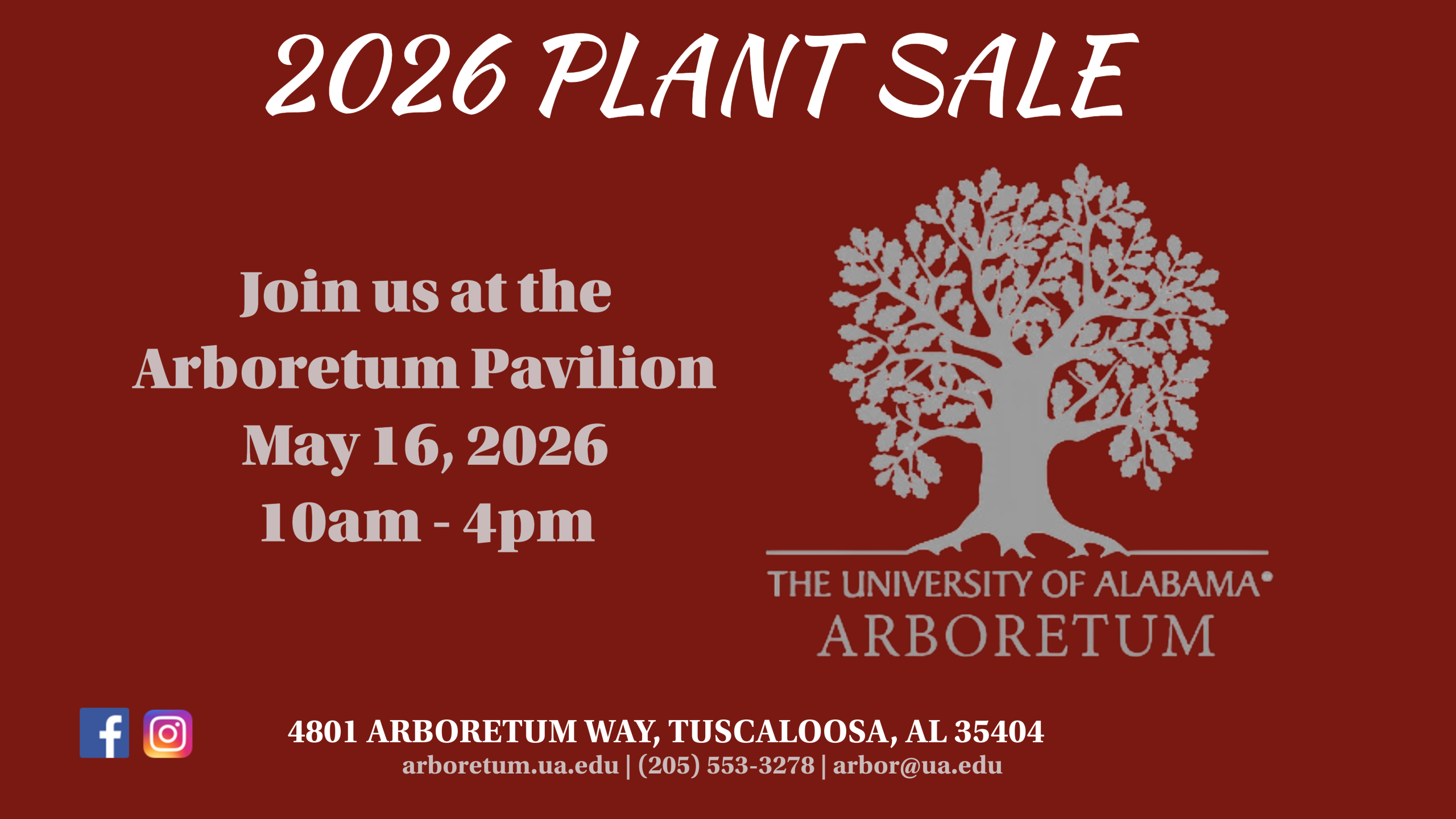 University of Alabama Arboretum Plant Sale event poster featuring a tree graphic and event details in Tuscaloosa, Alabama.