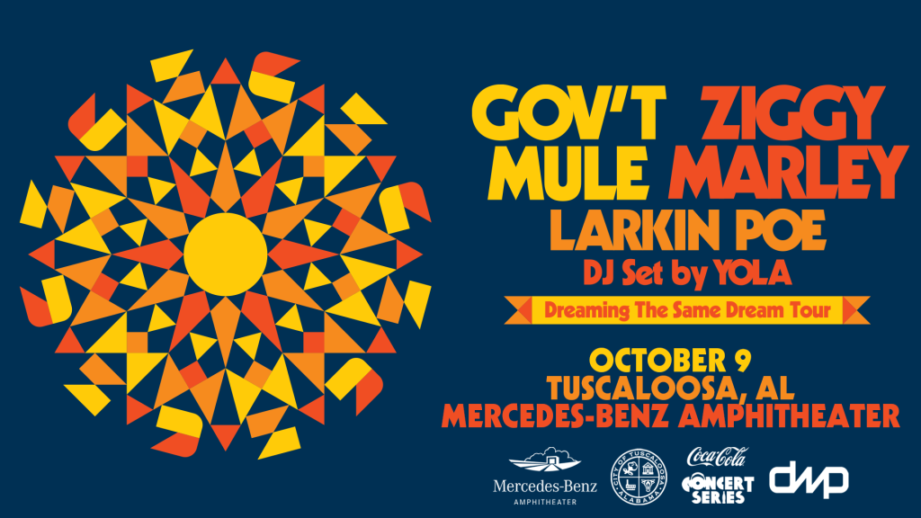 A vibrant poster featuring a geometric sunburst design in orange and yellow, advertising a concert with Gov't Mule, Ziggy Marley, and Larkin Poe at the Mercedes-Benz Amphitheater in Tuscaloosa, AL on October 9th in Tuscaloosa, Alabama.