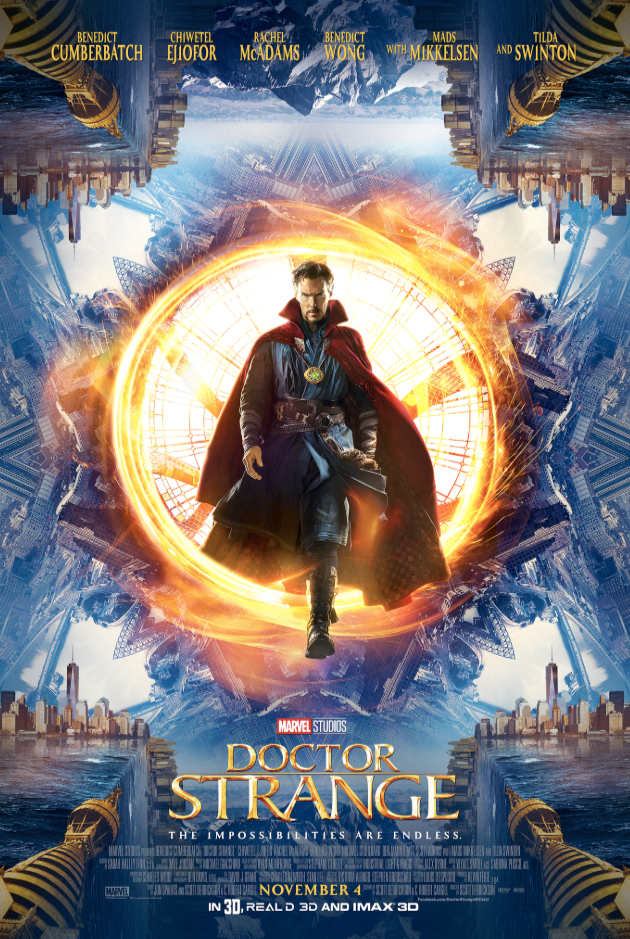 Doctor Strange stands in a mystical portal with a cityscape reflected in the background in Tuscaloosa, Alabama.