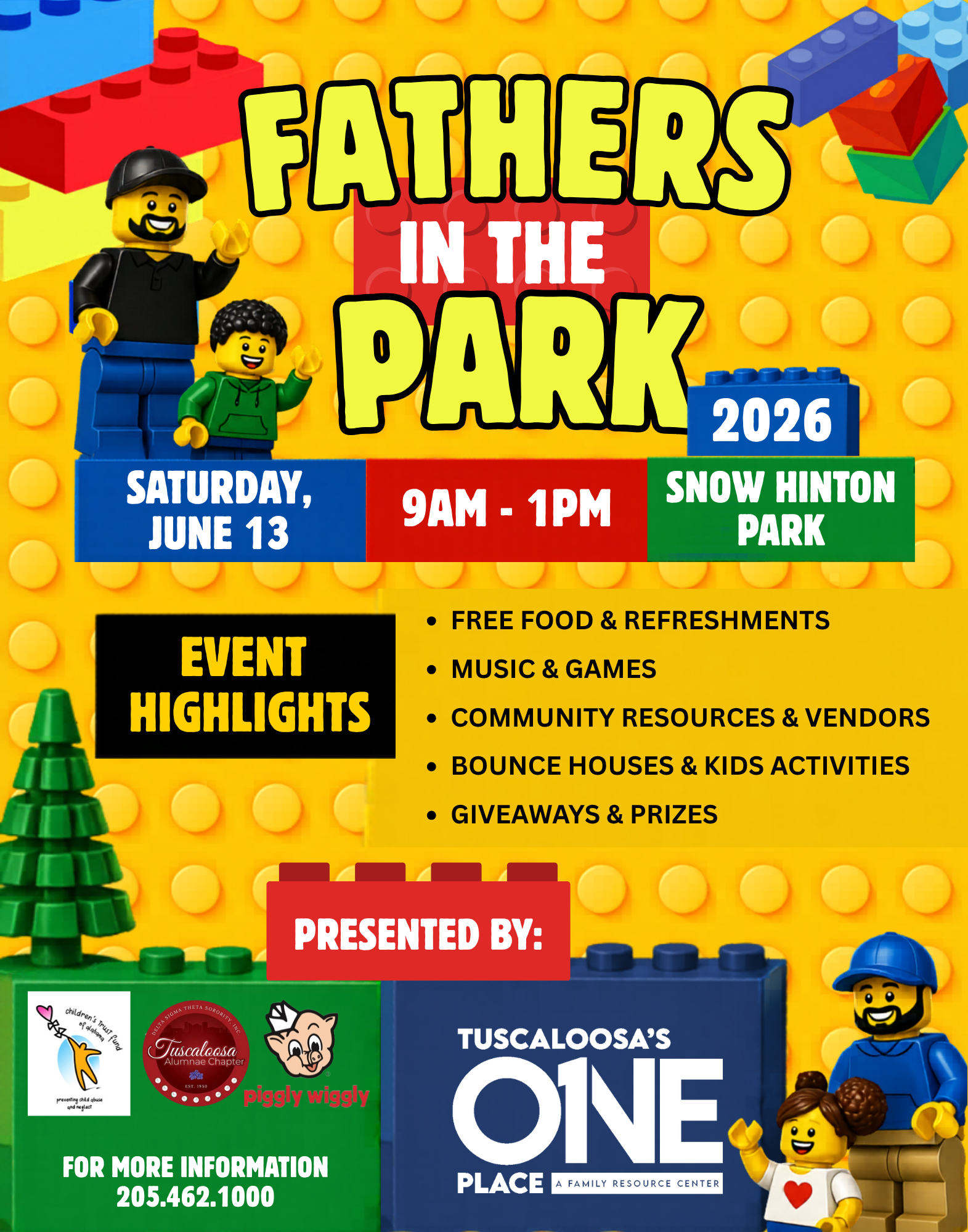 A colorful poster advertising 'Fathers in the Park' event with LEGO-themed graphics, featuring free food, games, and community activities for families on June 13th at Snow Hinton Park in Tuscaloosa, Alabama.