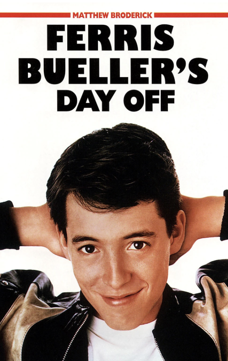 Matthew Broderick as Ferris Bueller in a black leather jacket, smiling with hands behind head in Tuscaloosa, Alabama.