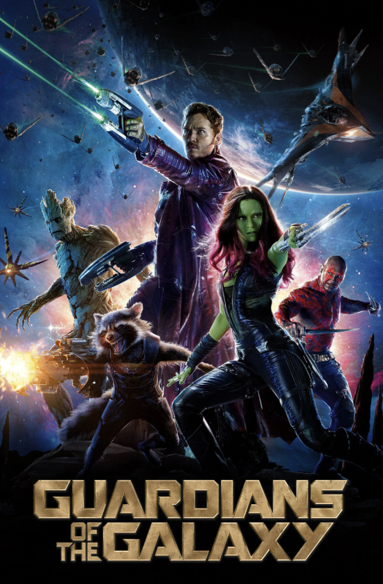A group of diverse alien heroes, including a human, a tree-like creature, a green-skinned woman, a raccoon-like creature, and a red-skinned man, stand united against a backdrop of a starry galaxy, each wielding unique weapons and ready for battle in Tuscaloosa, Alabama.