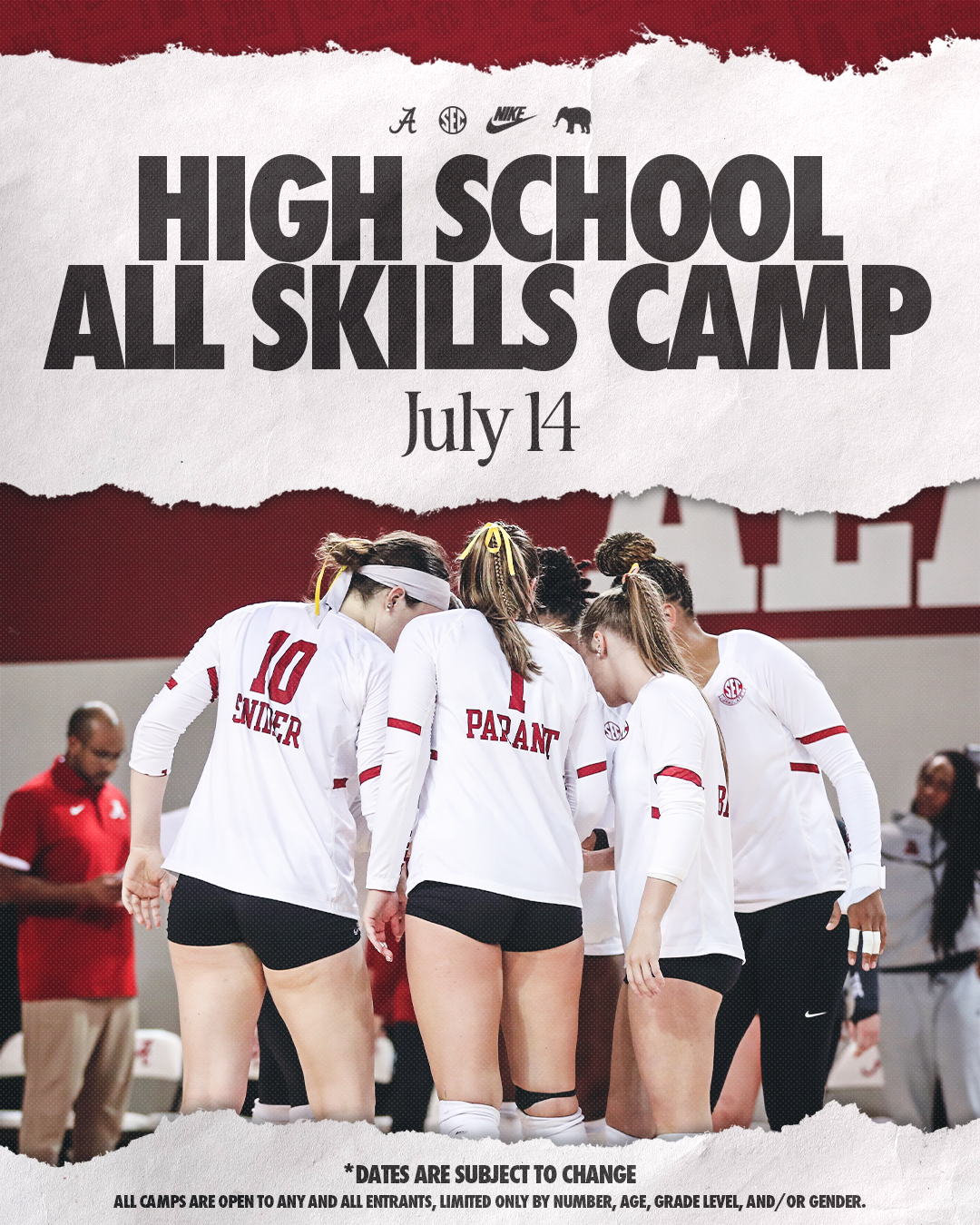 A group of female volleyball players in white uniforms with red accents huddle together on a court in Tuscaloosa, Alabama.