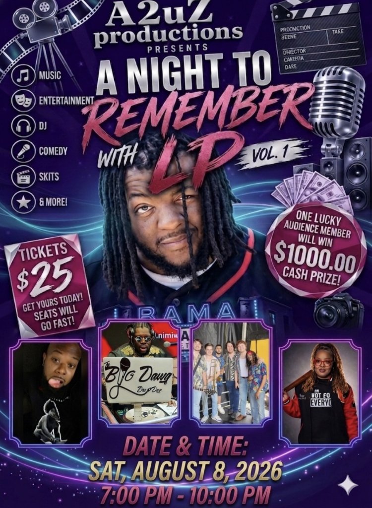 A vibrant poster advertising 'A Night to Remember with LP' featuring music, comedy, and a $1000 cash prize in Tuscaloosa, Alabama.