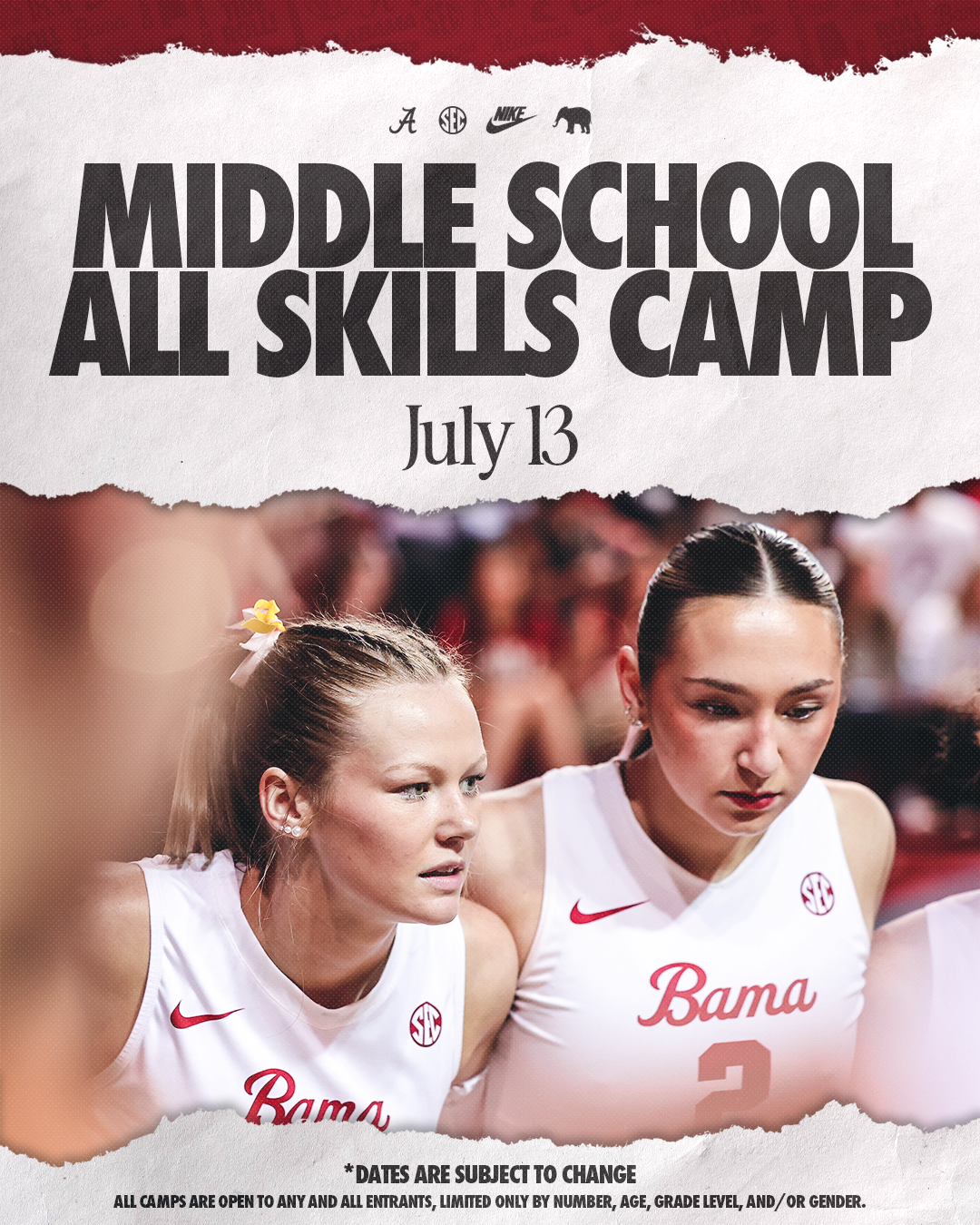 Two female basketball players in white uniforms with 'Bama' and SEC logos, standing together on a court in Tuscaloosa, Alabama.