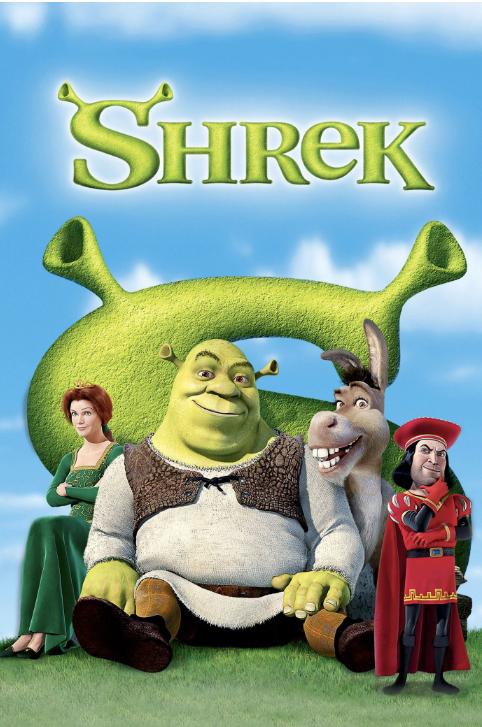 Shrek, Donkey, and Fiona sitting together in a grassy field with a castle in the background in Tuscaloosa, Alabama.