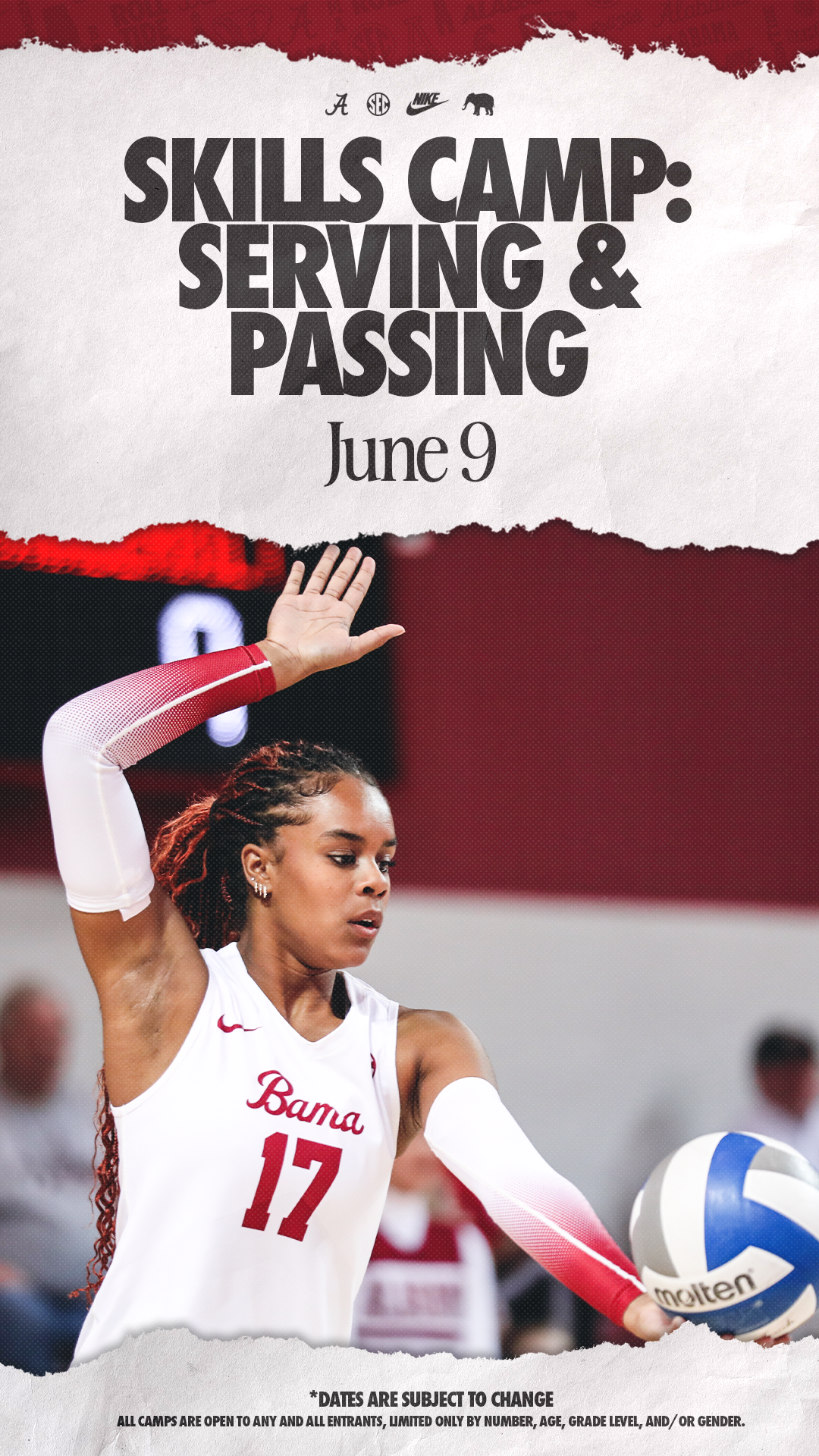 A female volleyball player in a white uniform with the number 17, serving a ball during a game in Tuscaloosa, Alabama.